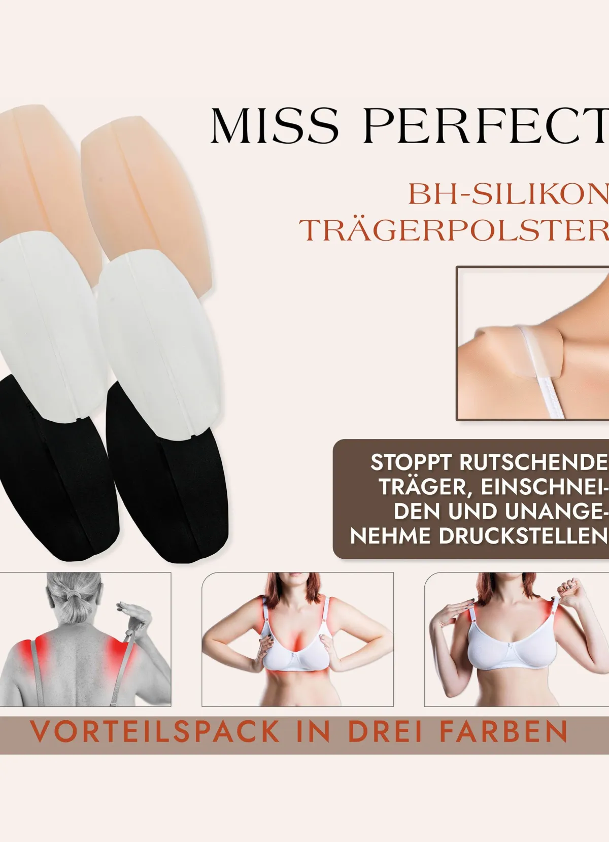 Sale BADER 3 Paar Trägerpolster, verhindern das Einschneiden der Träger in die Schultern 1x transparent, 1x puder, 1x schwarz