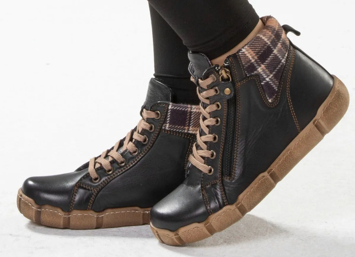 ANDREA CONTI Schnür-Bootie mit Schaftrand aus kariertem Textil SCHWARZ-BRAUN