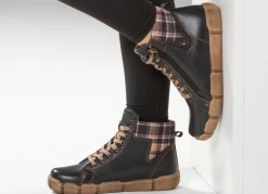ANDREA CONTI Schnür-Bootie mit Schaftrand aus kariertem Textil SCHWARZ-BRAUN