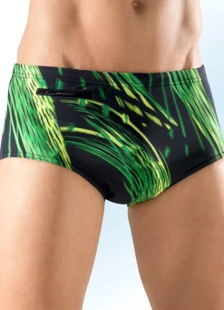 Outlet BADER Badehose in höherer Slipform mit buntem Druckdessin allover SCHWARZ-GRÜN-GELB