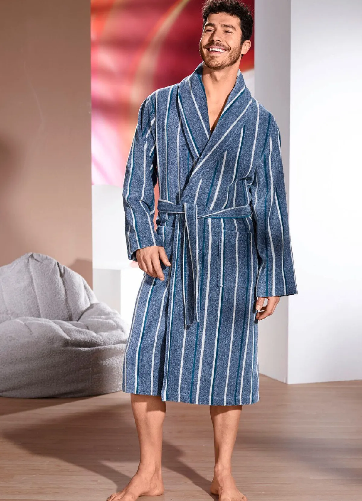 Hot BADER Bademantel mit Streifen-Dessin JEANSBLAU MELIERT-PETROL-ECRU