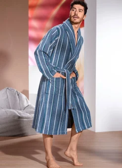 Hot BADER Bademantel mit Streifen-Dessin JEANSBLAU MELIERT-PETROL-ECRU