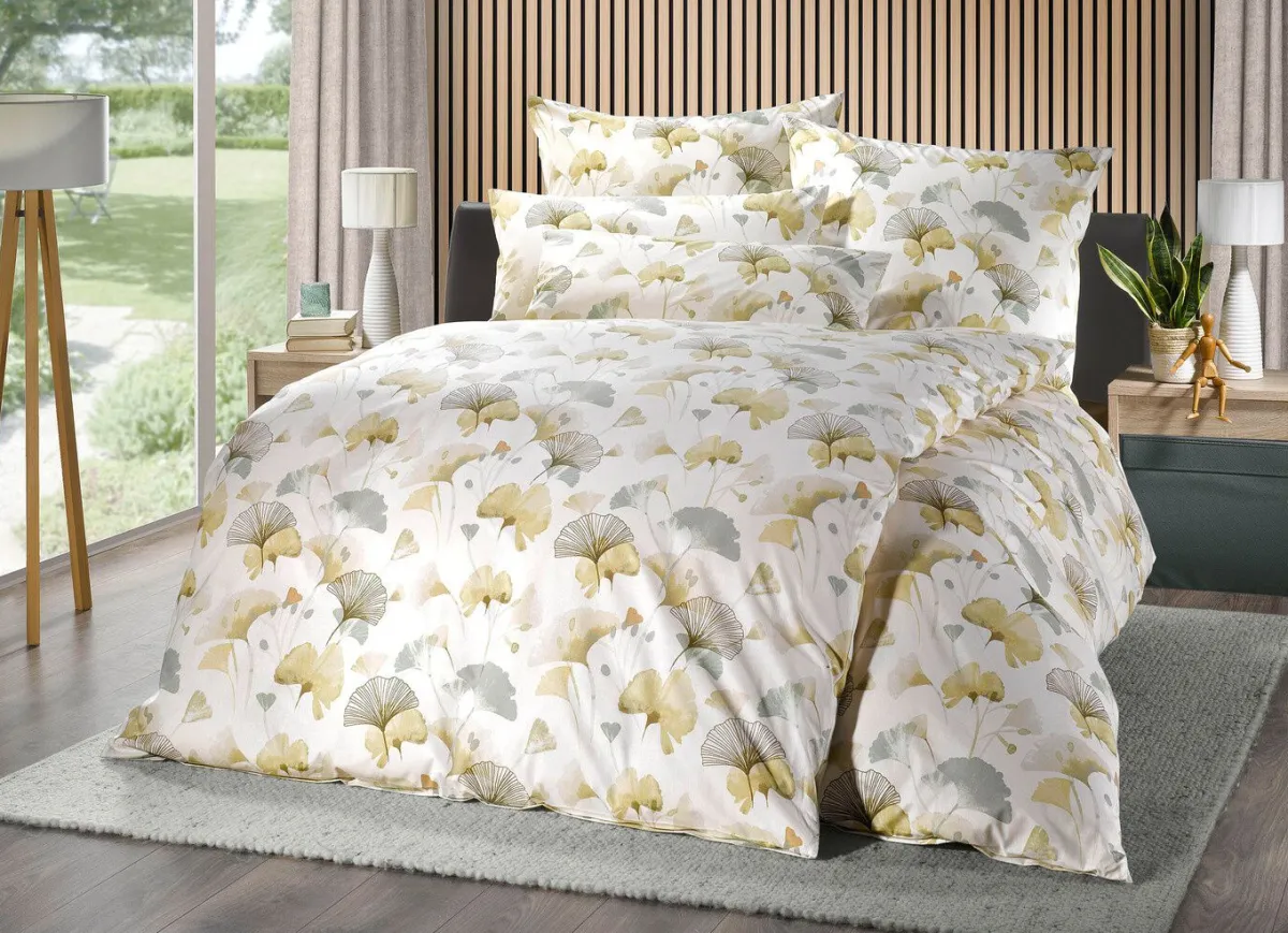 Hot FLORELLA Bettwäsche-Garnitur mit Ginkgo-Blätter-Motiv BEIGE
