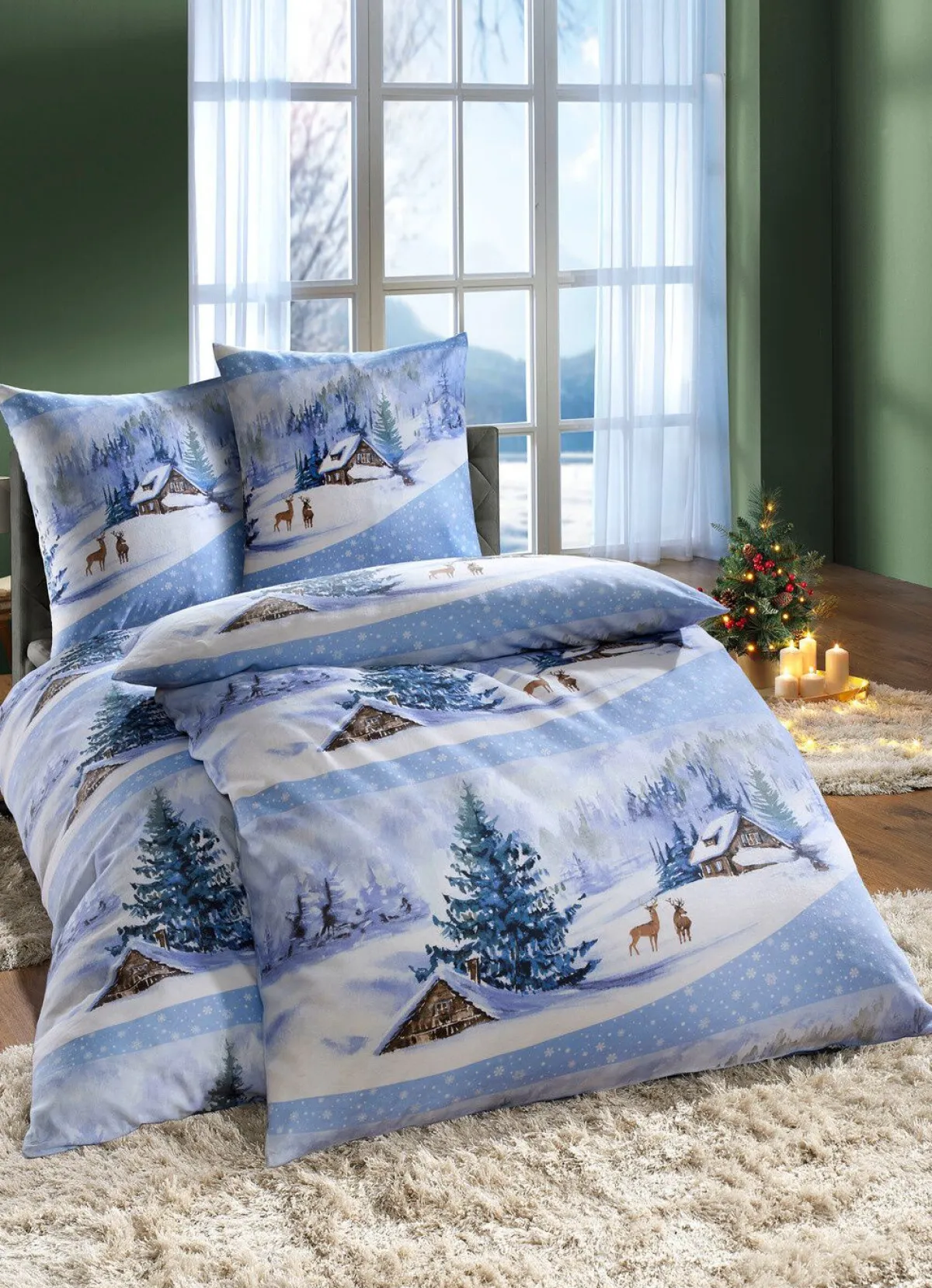 New DOBNIG Bettwäsche-Garnitur mit Winterlandschaft HIMMELBLAU