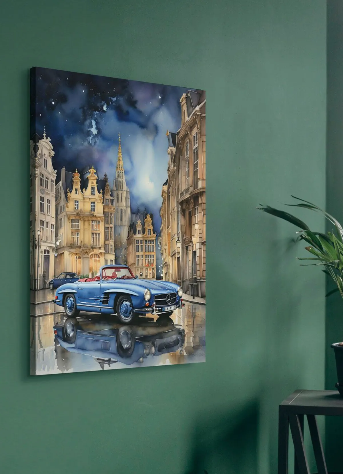 BADER Bild: Mercedes 190SL in einer Stadt BLAU-NATUR