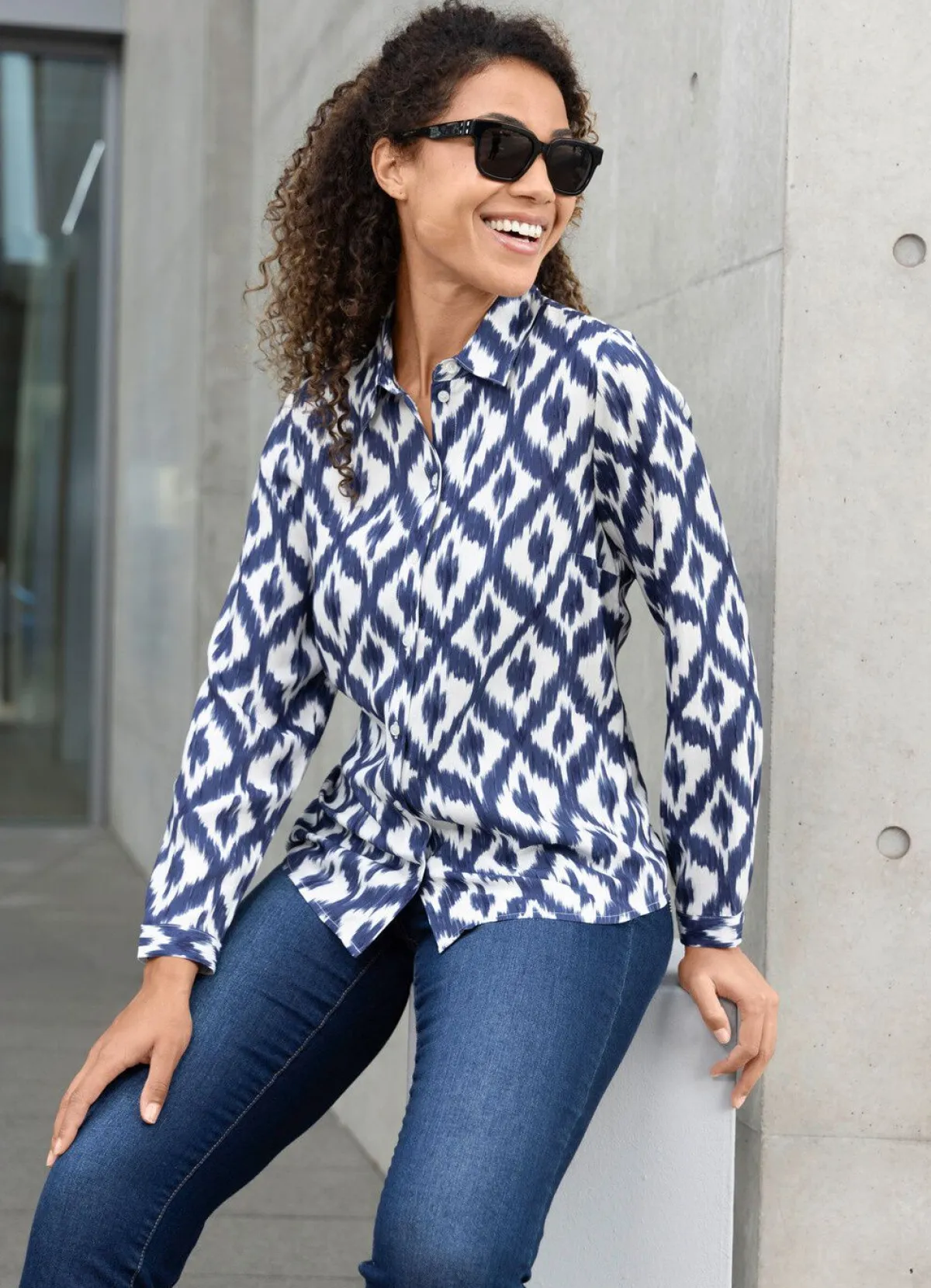 Best BADER Bluse in Langarm MARINE-ECRU