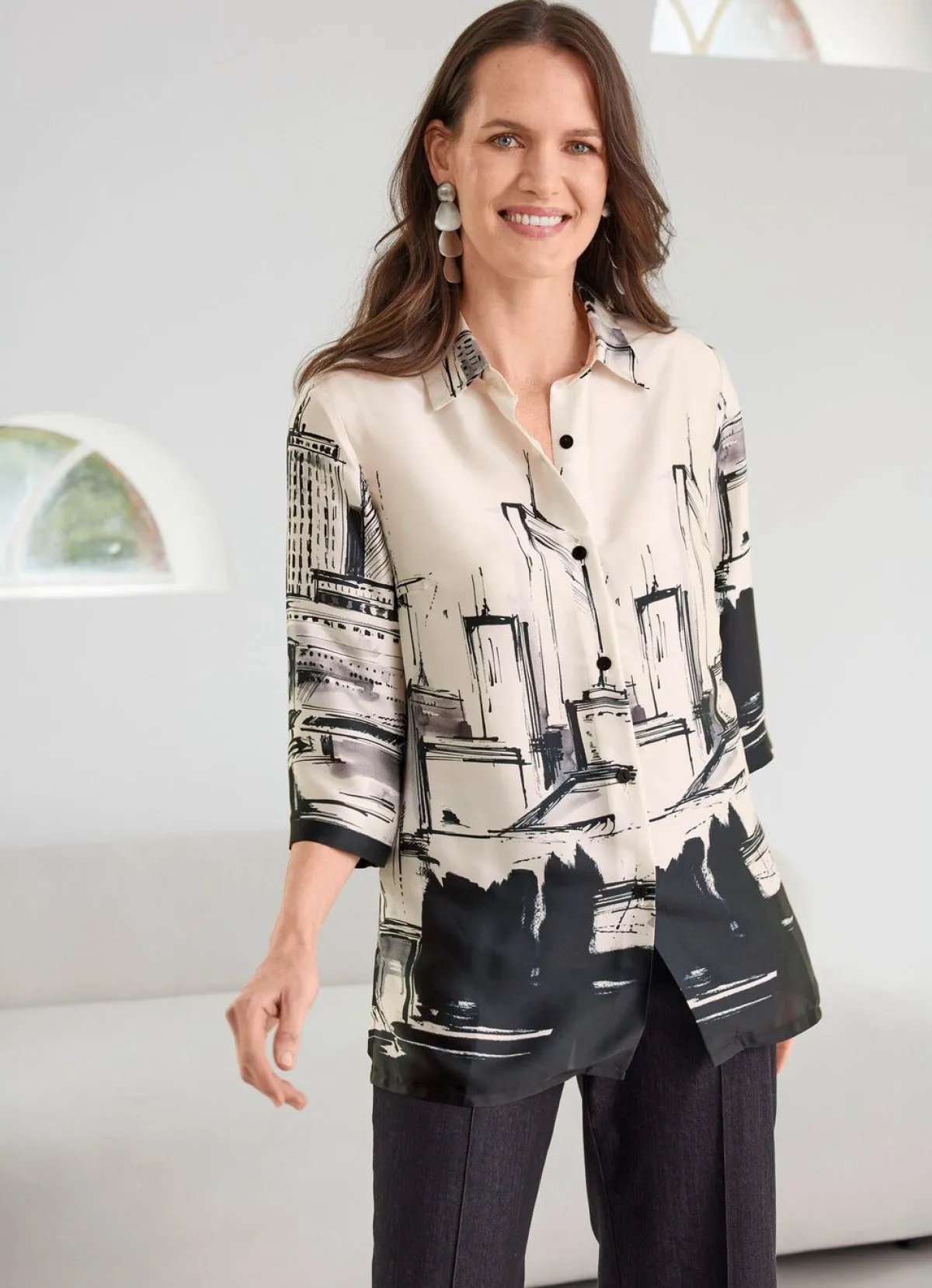 Tizia Bluse mit Hemdkragen ECRU-SCHWARZ-GRAU