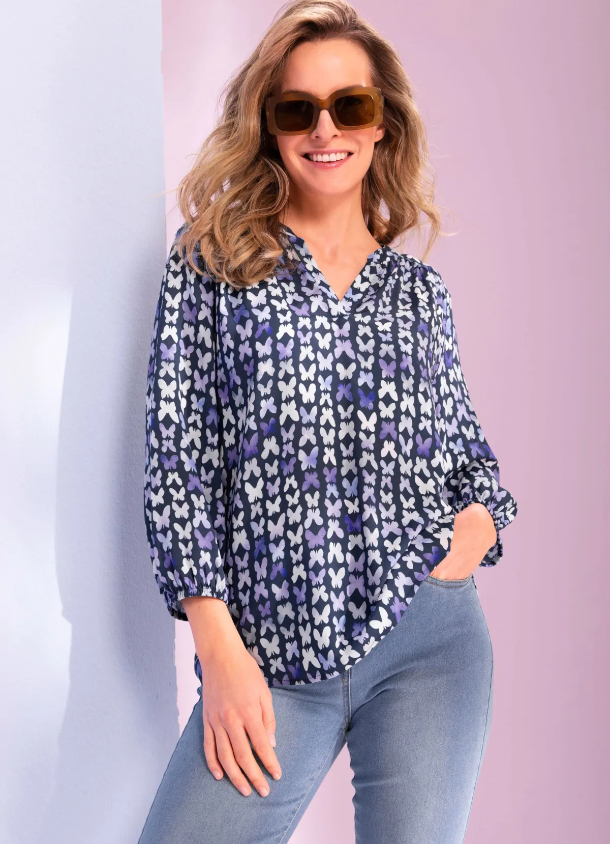 Outlet BADER Bluse mit Schmetterlings-Dessin MARINE-FLIEDER-ECRU-BUNT