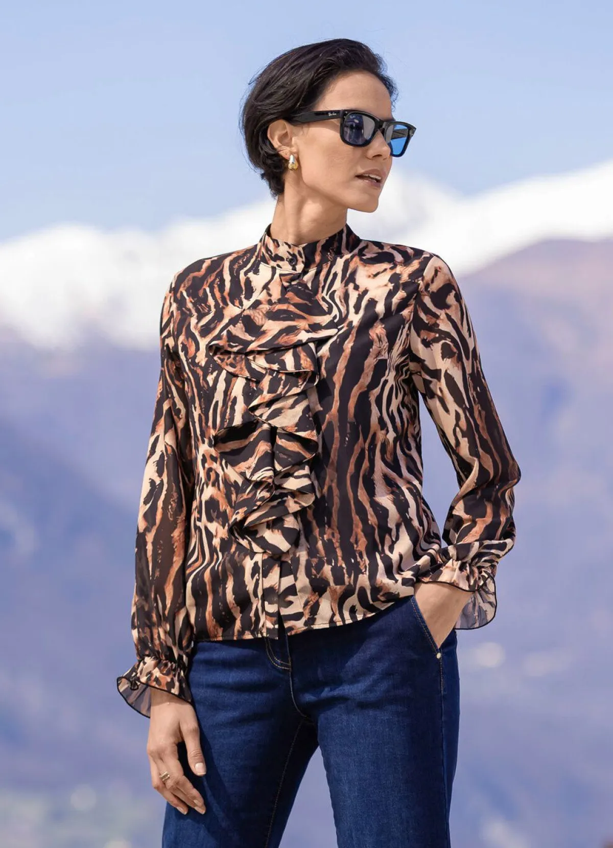 Discount laurakent Bluse mit verspielten Volants SCHWARZ-BRAUN-BEIGE