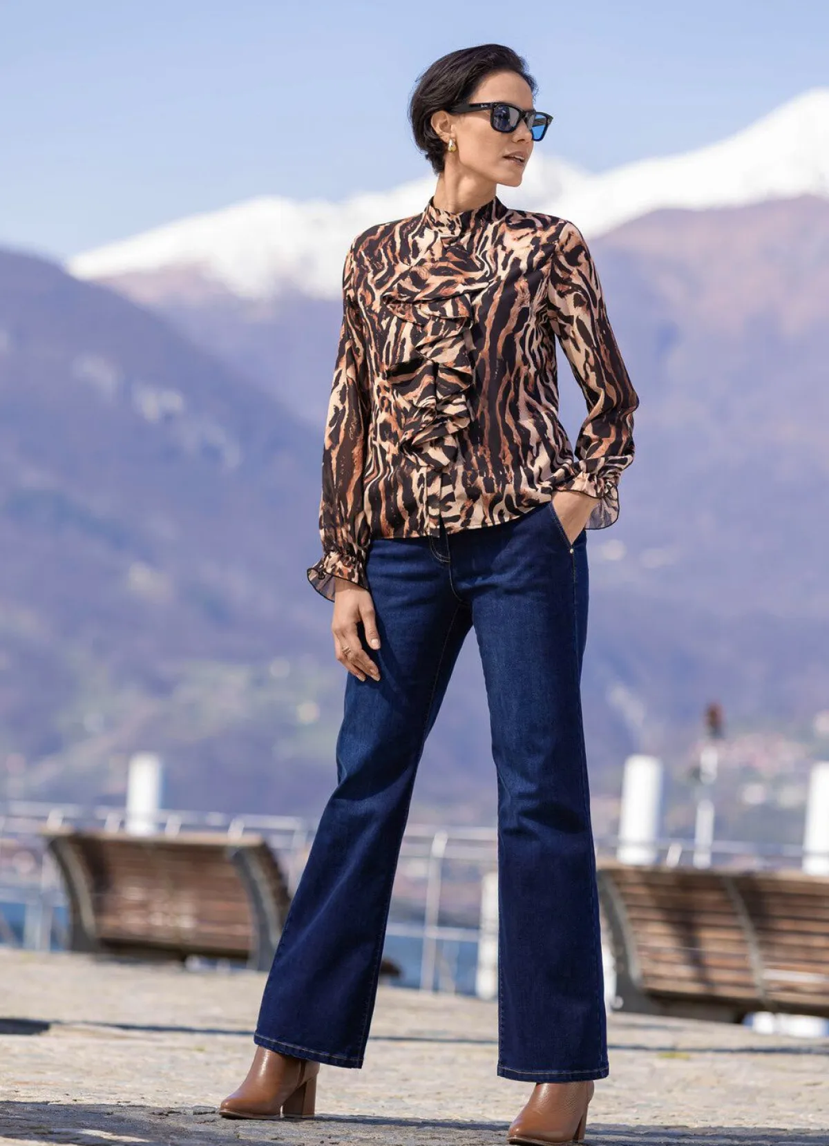 Discount laurakent Bluse mit verspielten Volants SCHWARZ-BRAUN-BEIGE