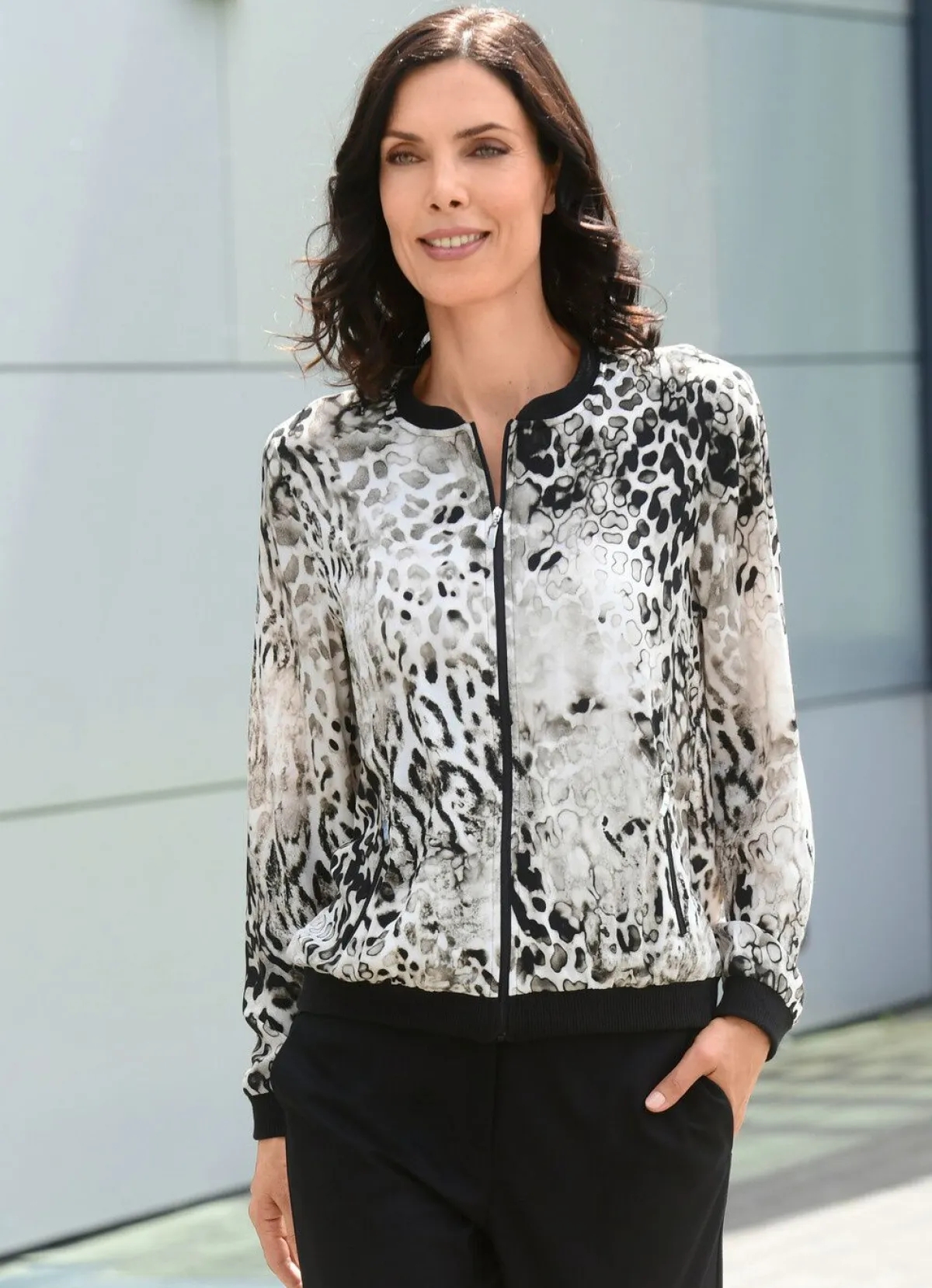 Clearance BADER Blusenjacke mit schwarzem Rippenstrick TAUPE-SCHWARZ-BUNT