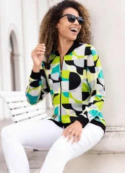 Best BADER Blusenjacke mit tollem Druck SCHWARZ-KIWI-TÜRKIS-BUNT
