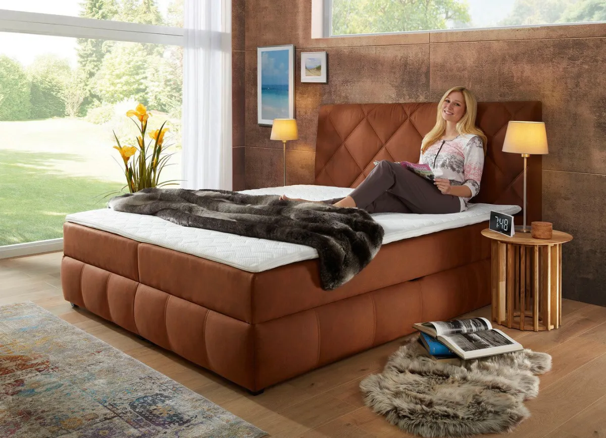 Online BADER Boxspringbett mit Bettkasten und Topper COGNAC