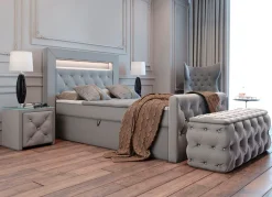 Sale BADER Boxspringbett mit LED-Beleuchtung, Topper und Nachttisch GRAU