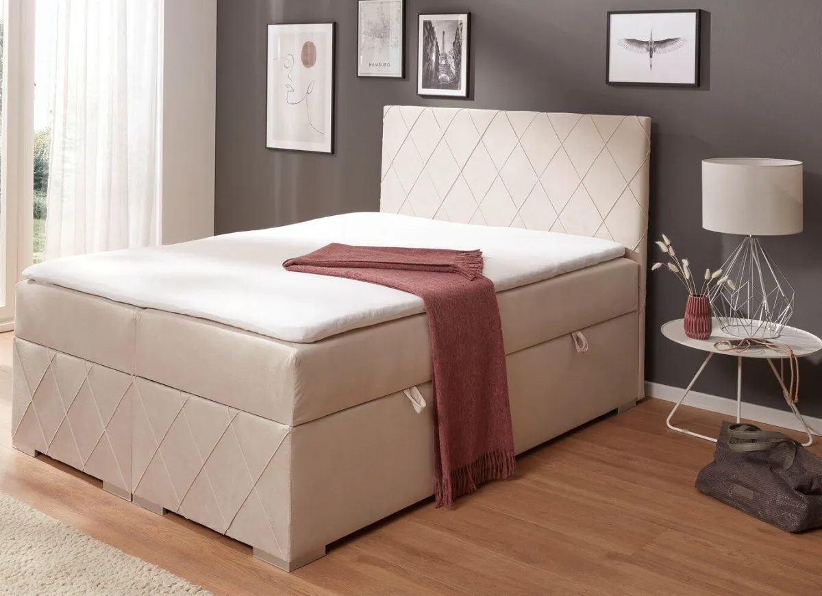 New BADER Boxspringbett mit Topper und Bettkasten CREME