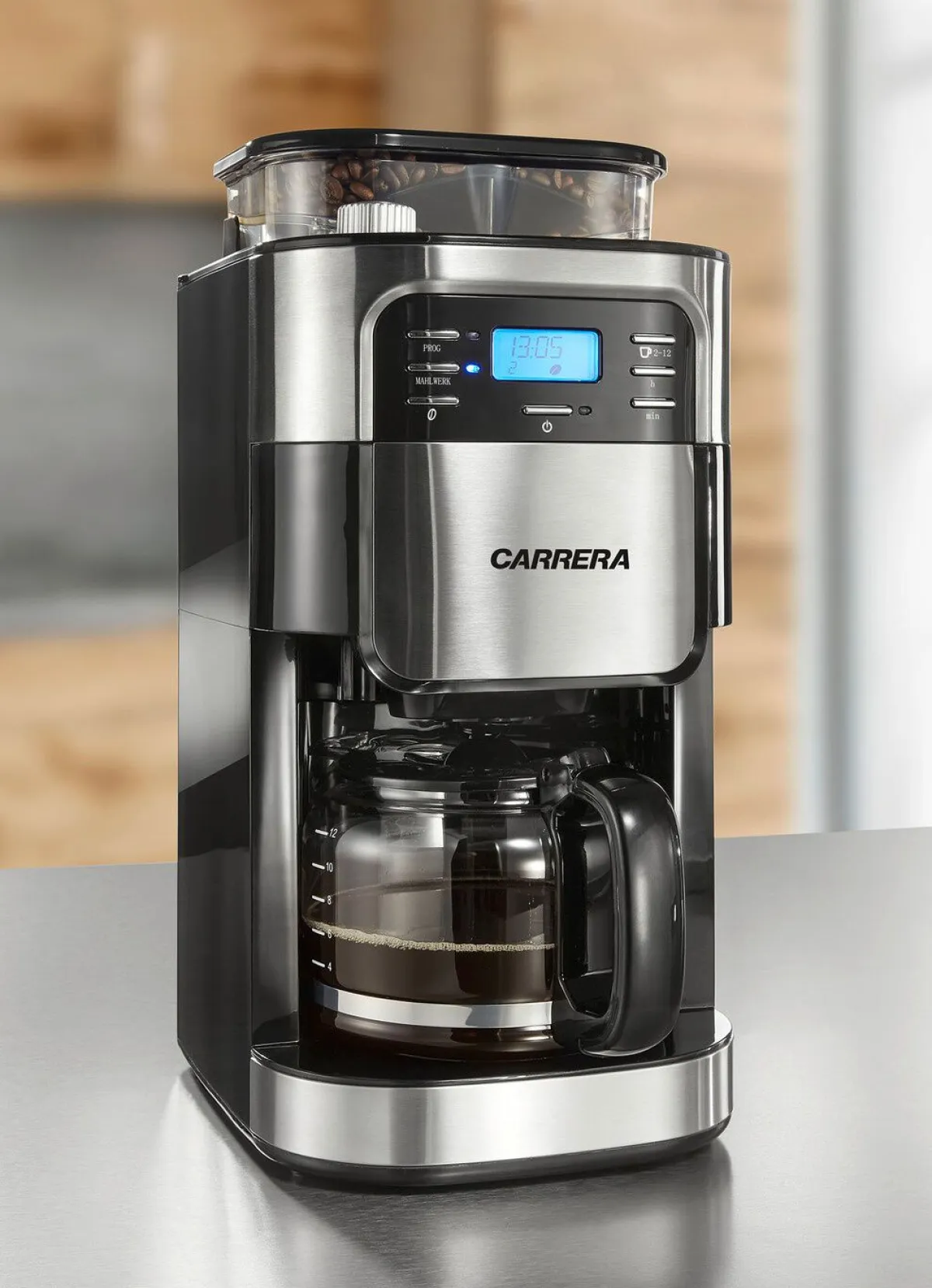 Hot Carrera „" Aroma PlusEdelstahl-Kaffeemaschine mit Mahlwerk SILBER-SCHWARZ
