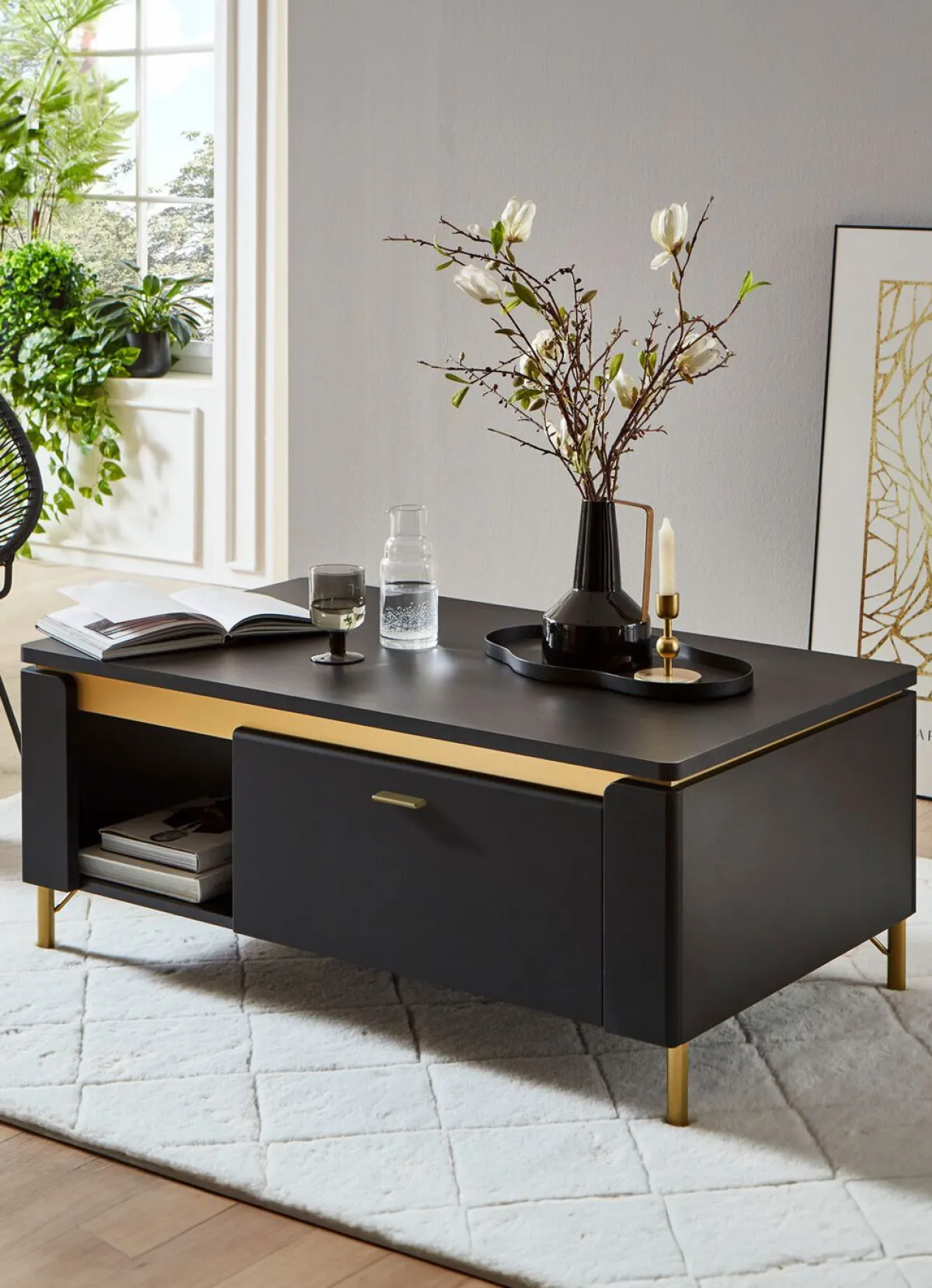 New BADER Couchtisch mit Schublade SCHWARZ-GOLD
