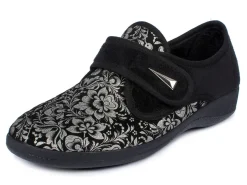 Clearance AEROSOFT Damen Klett-Halbschuh im Blüten-Design SCHWARZ