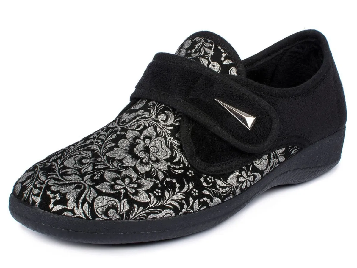 Clearance AEROSOFT Damen Klett-Halbschuh im Blüten-Design SCHWARZ