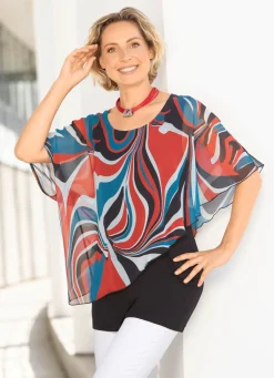 BADER Doppellagiges, ponchoförmiges Longshirt ROT-BLAU-SCHWARZ