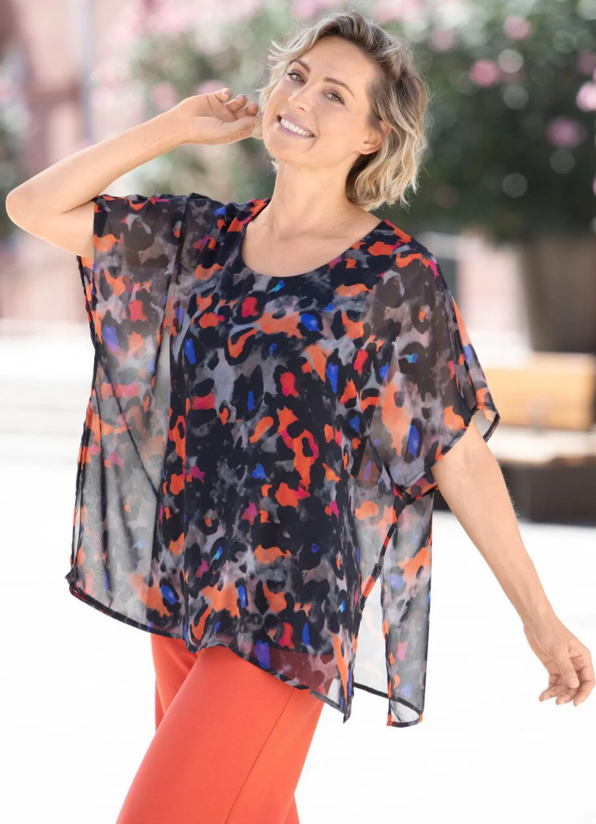 BADER Doppellagiges Shirt mit Chiffon-Überwurf SCHWARZ-ORANGE-BLAU