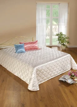 New BADER Edel glänzende Tagesdecke und Kissenbezüge mit Steppung in Muscheloptik CREME