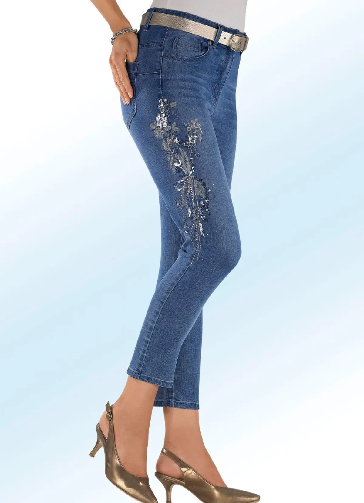 New BADER Edel-Jeans mit funkelnden Pailetten JEANSBLAU