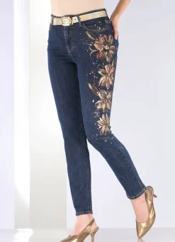 New BADER Edel-Jeans mit handbemalten, floralen Motiven DUNKELBLAU