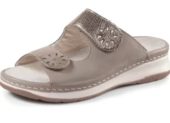 New ELENA EDEN , bequeme Damen-Pantoletten, Weite H, mit herausnehmbarem Fußbett TAUPE-ANTIKBRONZE