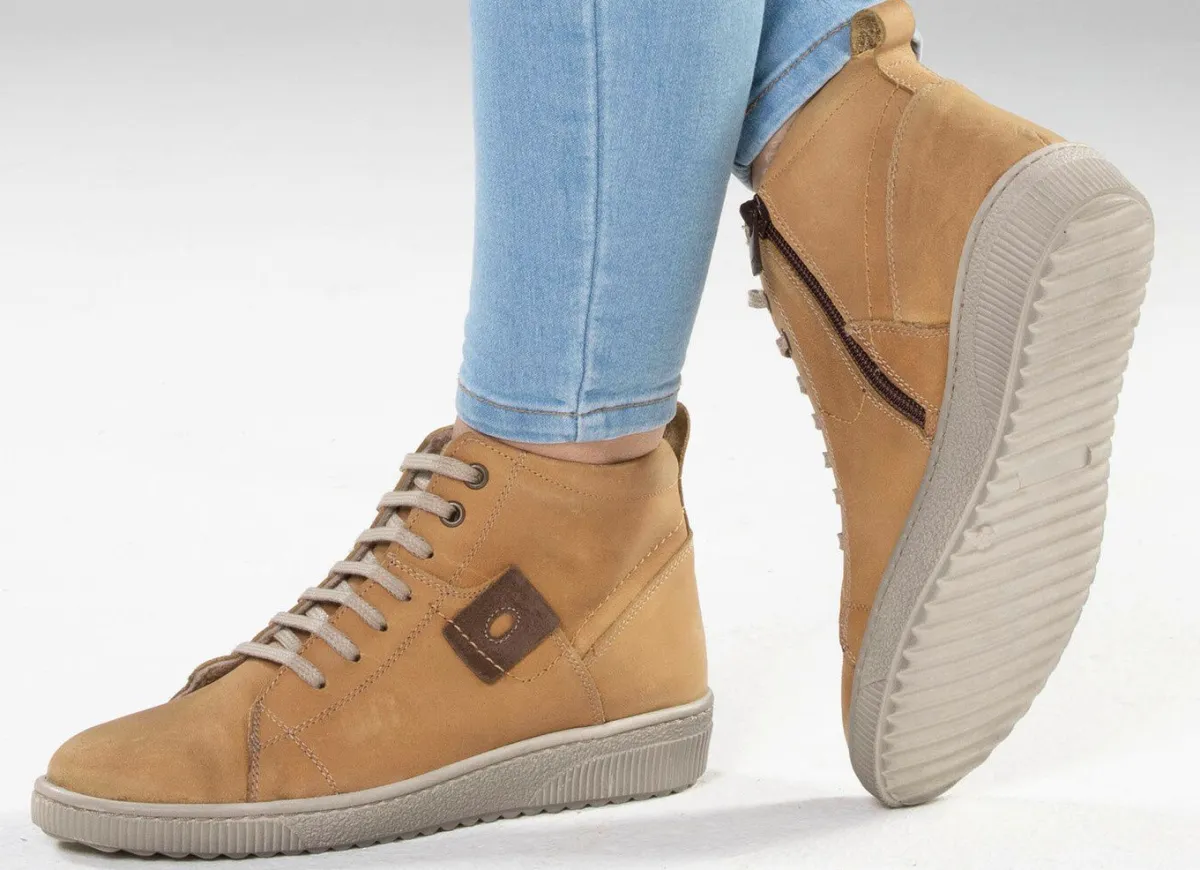 ELENA EDEN Schnür-Bootie aus Nubukleder, mit Leder-Applikation CURRY