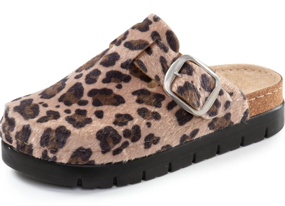 Sale ELENA EDEN , trendige Damen-Clogs, Weite G, mit Leo-Print BRAUN