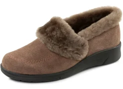 BADER ELENA EDEN, warme Damen-Hausschuhe, Weite H, mit Lammfell TAUPE