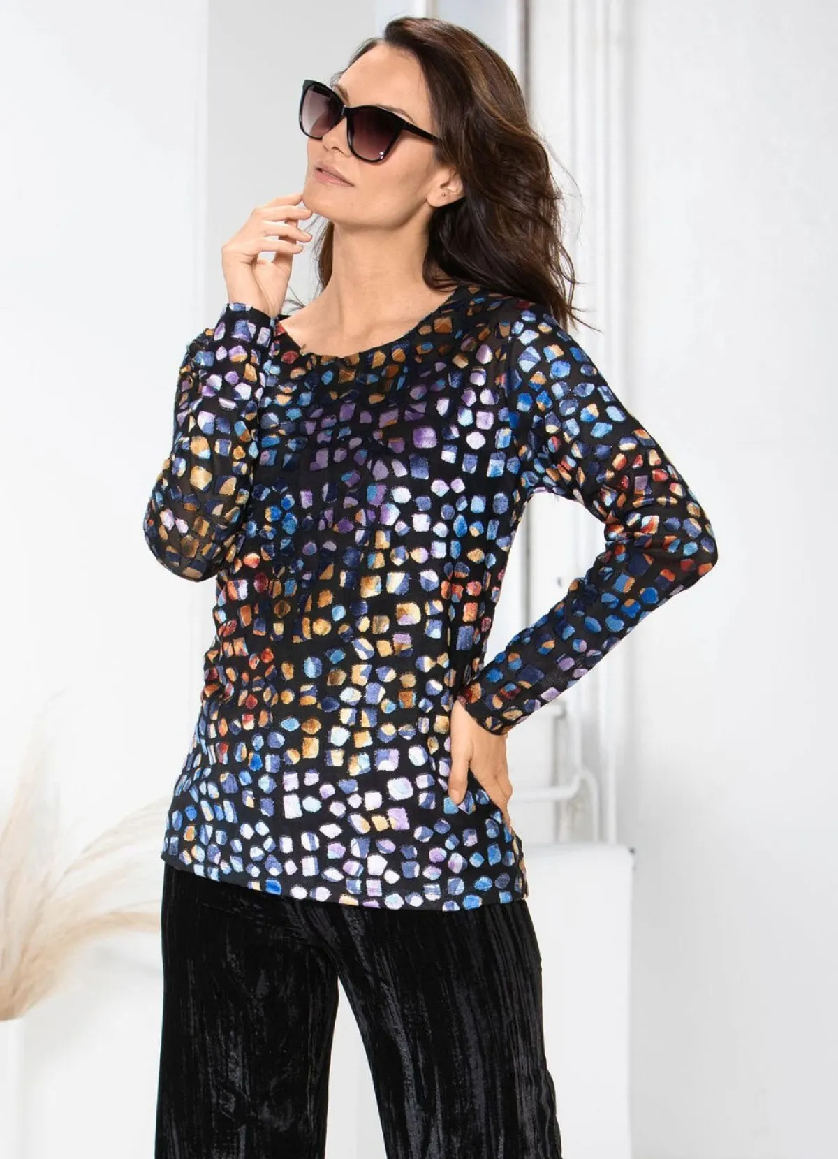 BADER Exquisites Shirt mit Rundhalsausschnitt SCHWARZ-BUNT