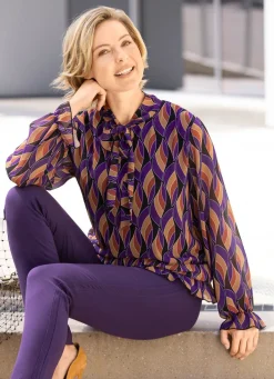 New BADER Fabelhafte Bluse mit Bindeband SCHWARZ-LILA-CAMEL