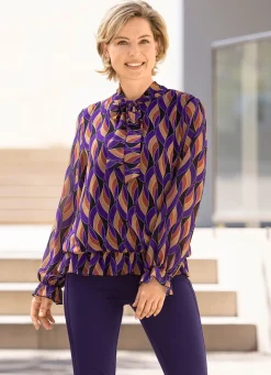 New BADER Fabelhafte Bluse mit Bindeband SCHWARZ-LILA-CAMEL