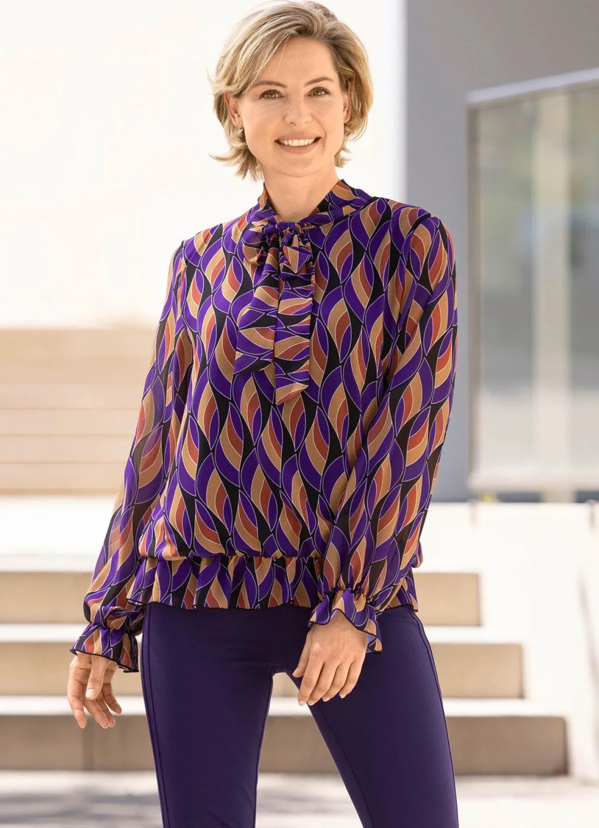 New BADER Fabelhafte Bluse mit Bindeband SCHWARZ-LILA-CAMEL