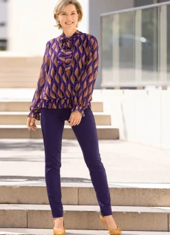 New BADER Fabelhafte Bluse mit Bindeband SCHWARZ-LILA-CAMEL