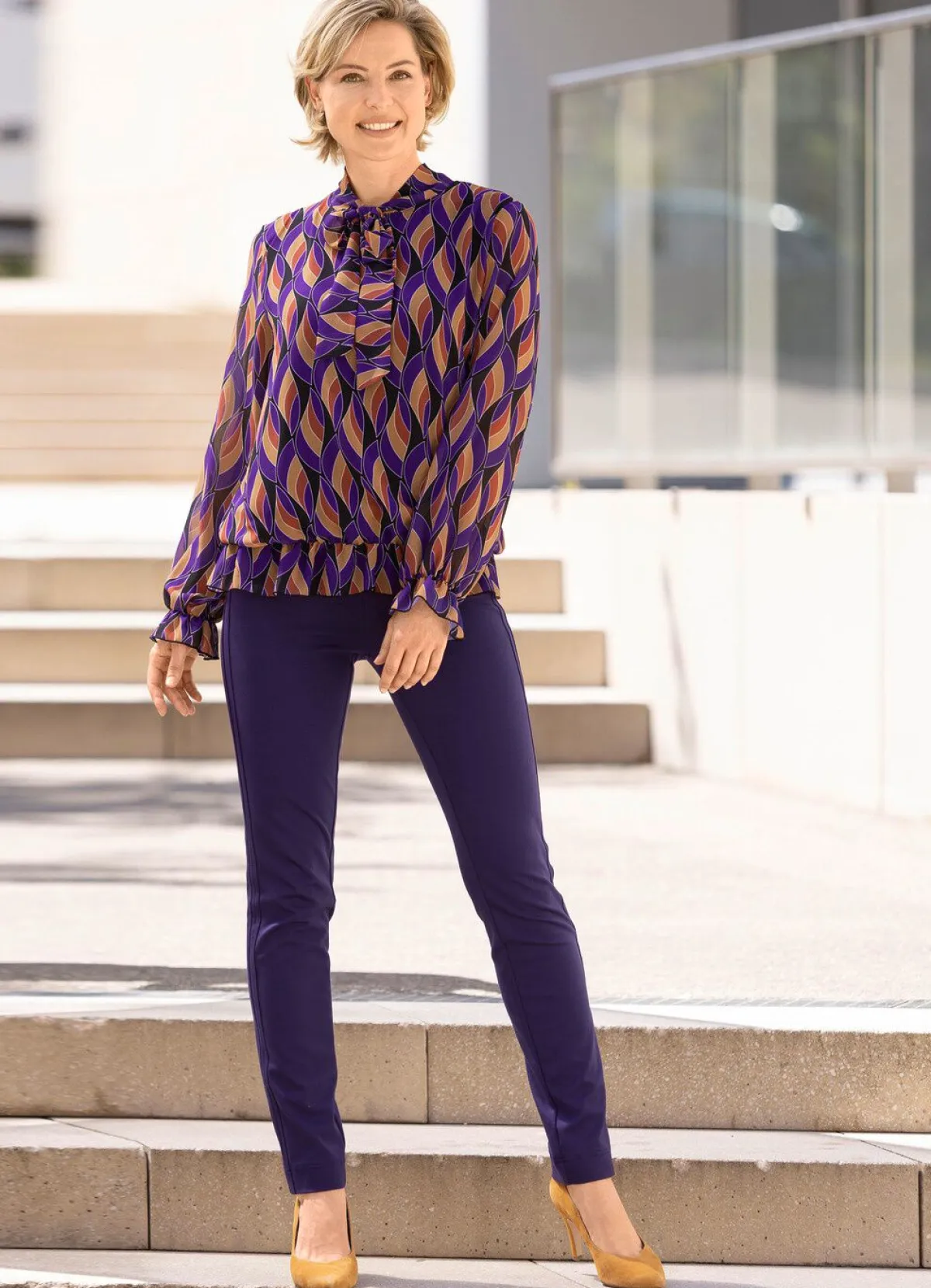 New BADER Fabelhafte Bluse mit Bindeband SCHWARZ-LILA-CAMEL