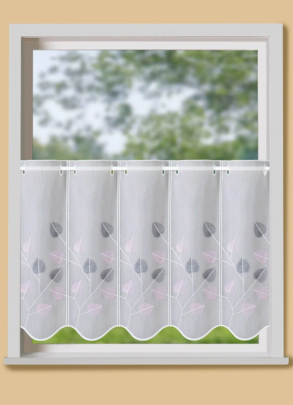 Discount BADER Fein bestickter Kleinfenster-Store WEISS-GRAU