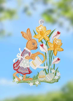 Sale PLAUENER SPITZE Fensterbild Häsin aus echter BUNT