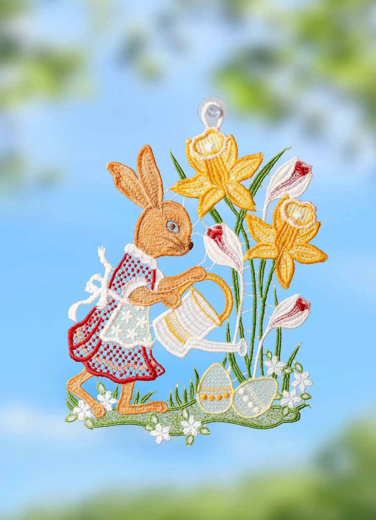 Sale PLAUENER SPITZE Fensterbild Häsin aus echter BUNT