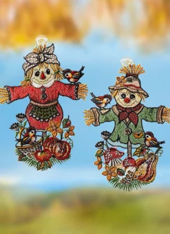 Hot PLAUENER SPITZE Fensterbild mit Vogelscheuchen-Motiv, 2er-Set BUNT