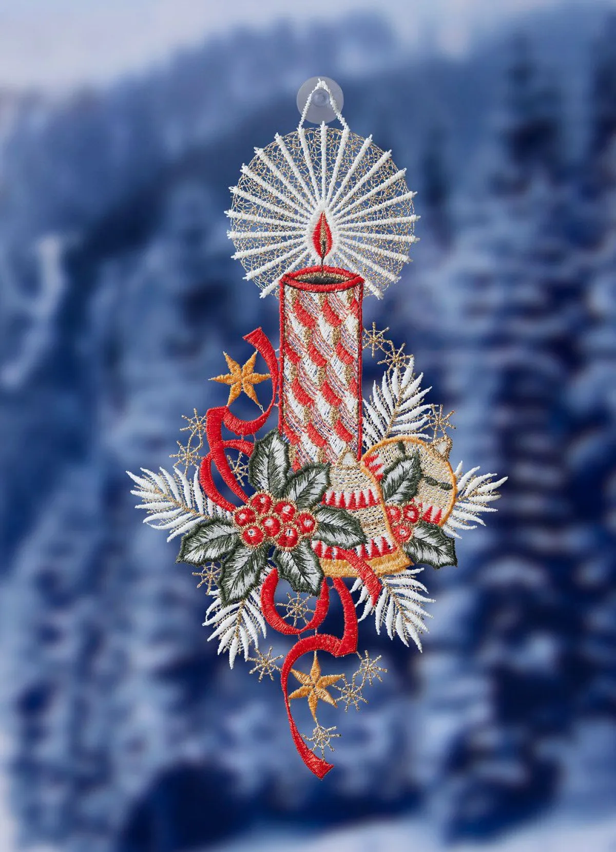 Online PLAUENER SPITZE Fensterbild mit Weihnachtsgesteck-Motiv BUNT