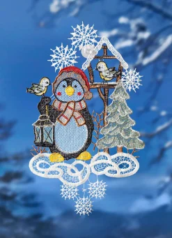 PLAUENER SPITZE Fensterbild Pinguin aus echter BUNT