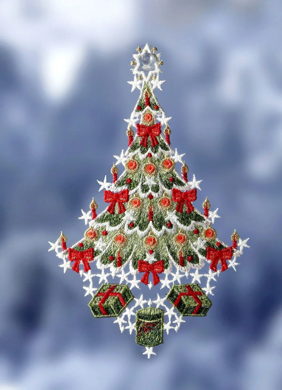 Best PLAUENER SPITZE Fensterbild Weihnachtsbaum aus echter GRÜN-ROT