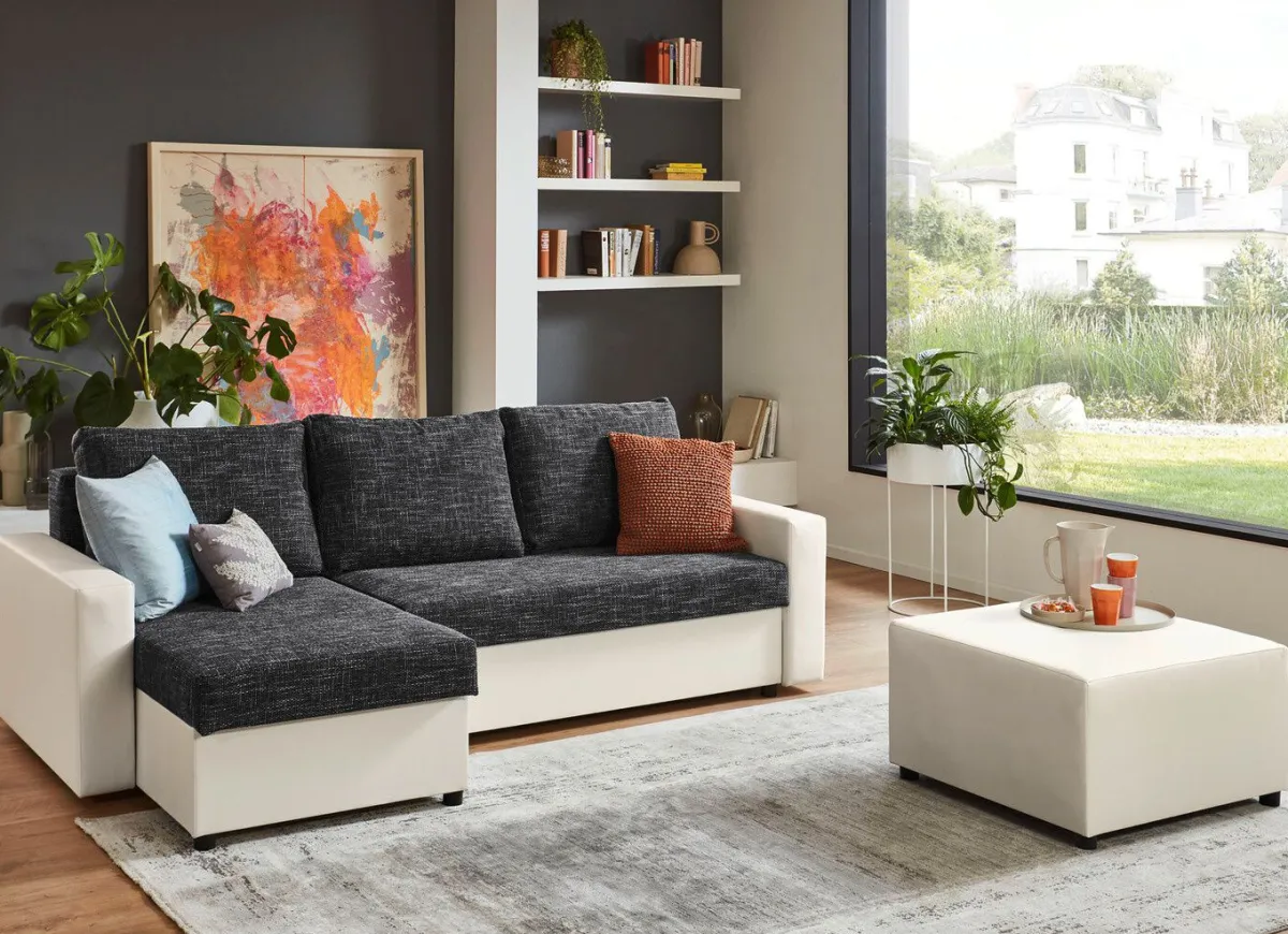 Discount BADER Frei im Raum aufstellbare Polsterecke mit Hocker WEISS-GRAU
