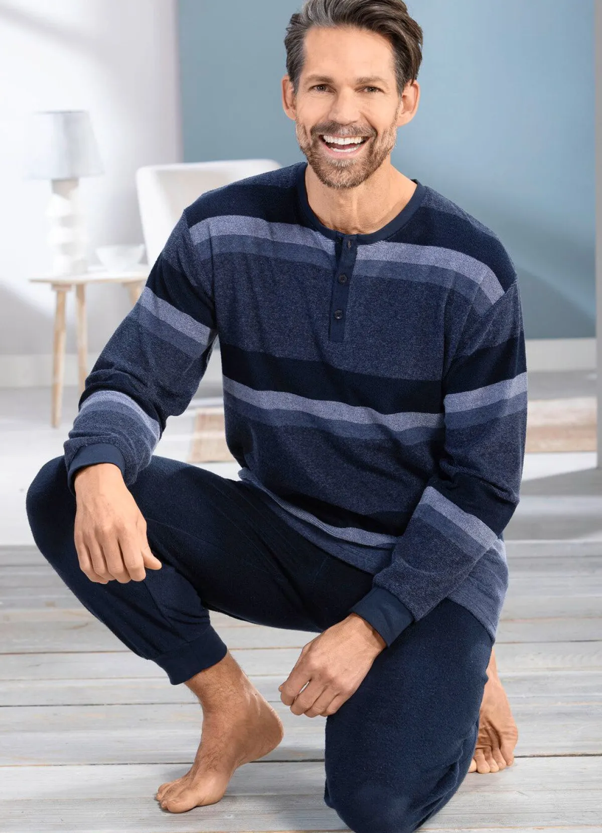 Best BADER Frottier-Schlafanzug mit Knopfleiste JEANSBLAU-MARINE