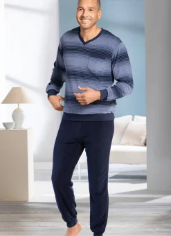 Hot BADER Frottier-Schlafanzug mit V-Ausschnitt und Bündchenabschlüssen JEANSBLAU-MARINE
