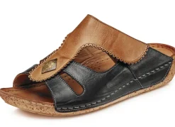 Sale Gemini , bequeme Damen-Pantoletten, Weite G, mit Klettverschluss SCHWARZ-COGNAC