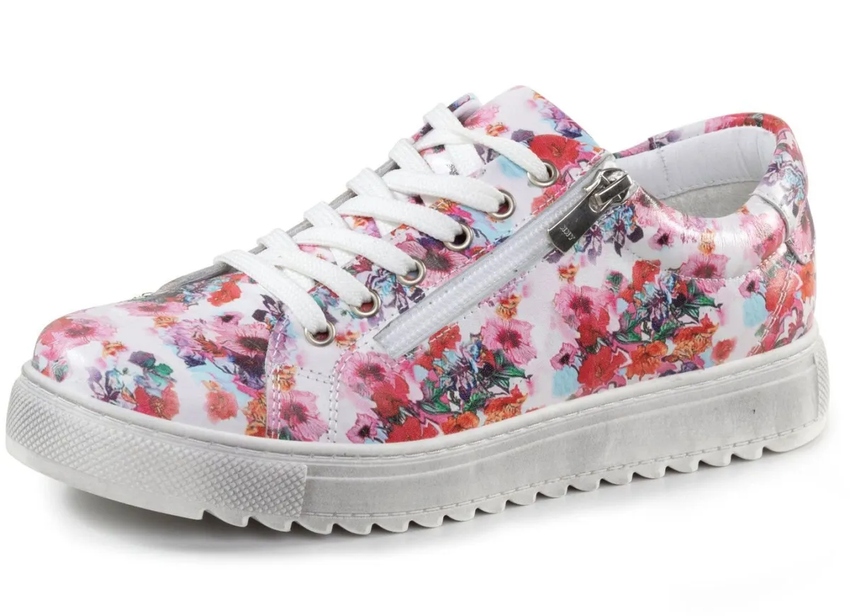 New Gemini Schnür-Sneaker aus beschichtetem, floral bedrucktem Nappaleder WEISS-PINK